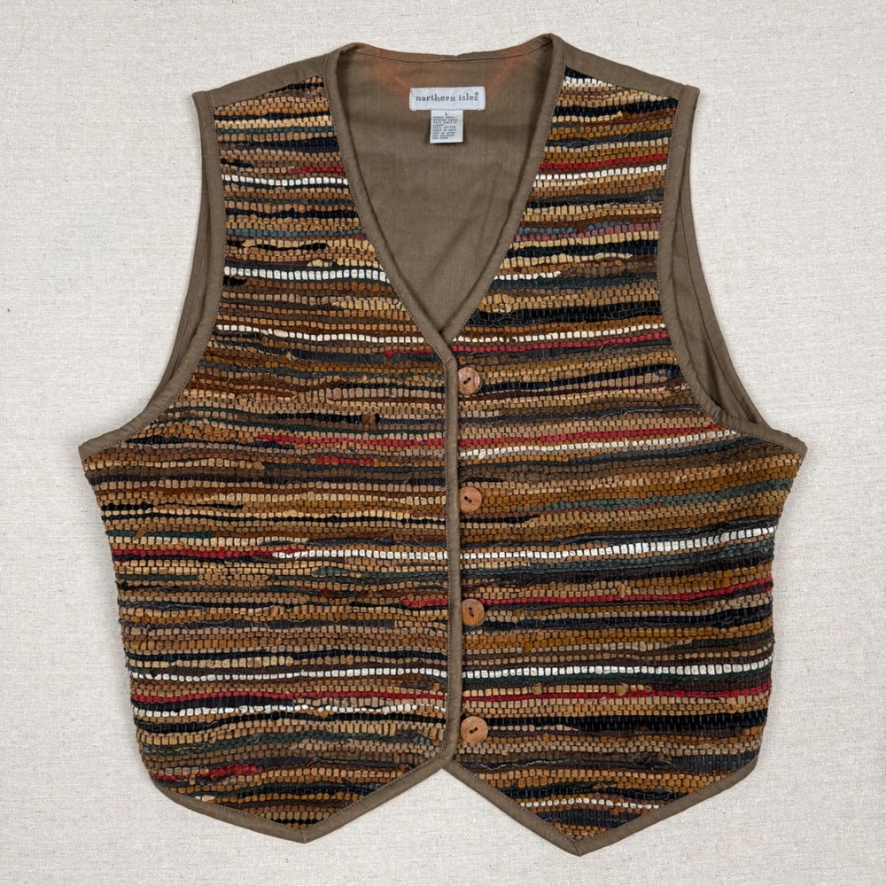 VTG Northern Isles Woven Suede Leather Vest Sz L Earthy Striped Boho Western 90s